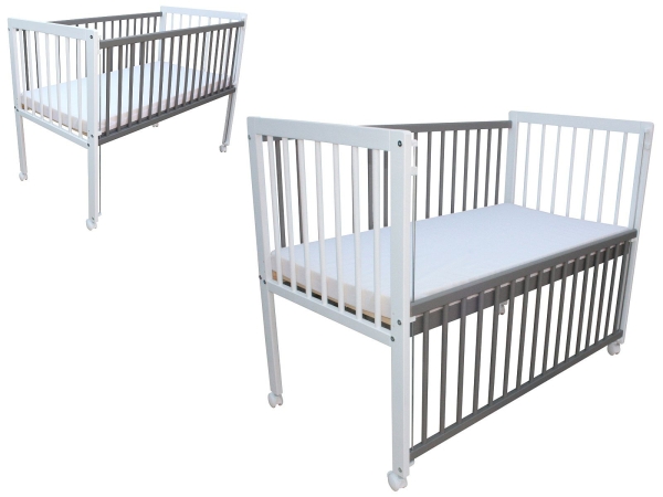 Kinderbett / Beistellbett / Babybett 2in1 120x60cm mit Matratze weiß-grau